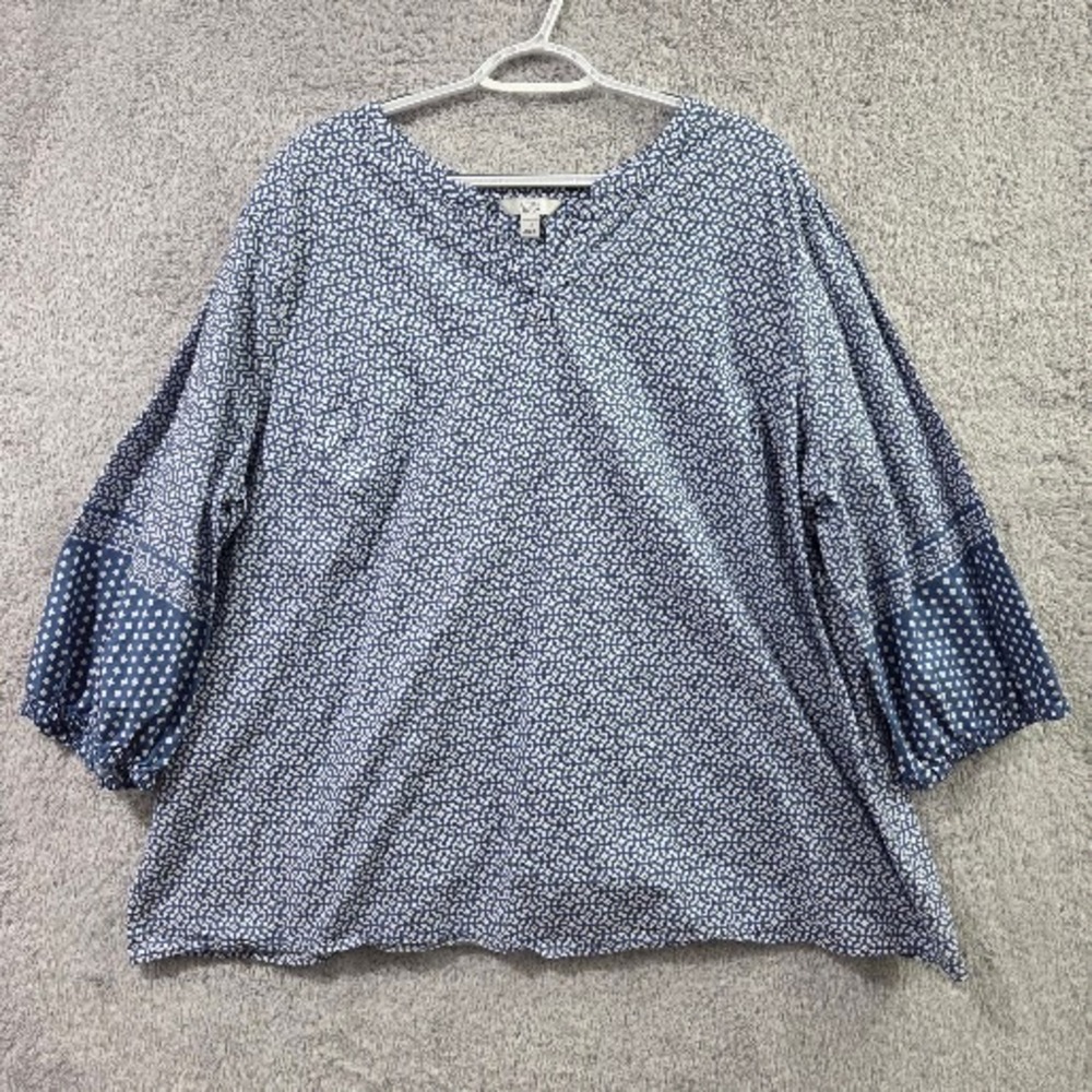 Croft & Barrow Blouse Women 3X Blue Boho 3/4 Sleeve‎ Geometric Floral Cotton